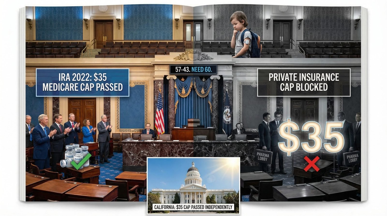 Senate blocks $35 insulin cap private insurance 57-43 vote pharma lobbying California $35 state cap insulin reform Congress