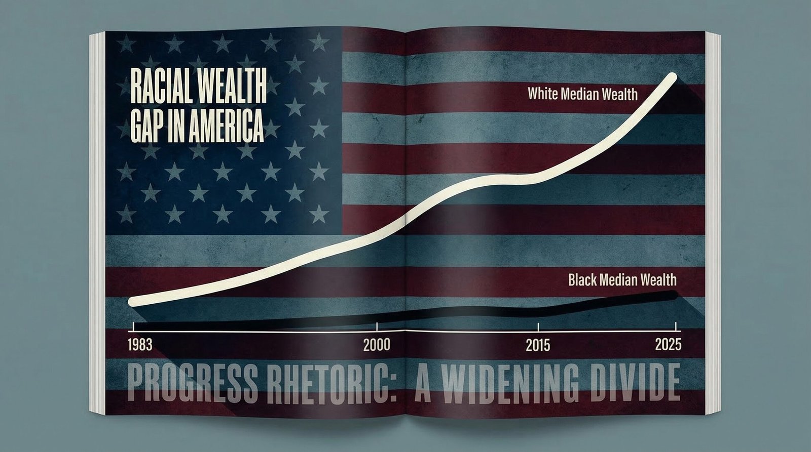 Graph showing racial wealth gap widening from 1983 to 2025 white median wealth rising Black median wealth barely moving