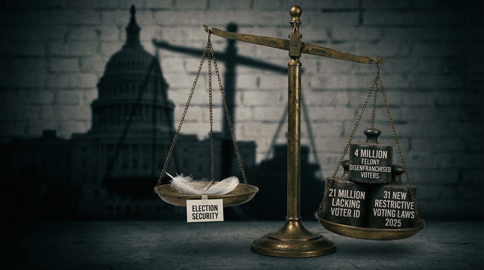 Scale of justice unbalanced election security feather versus 4 million disenfranchised voters 21 million no ID 31 restrictive laws 2025