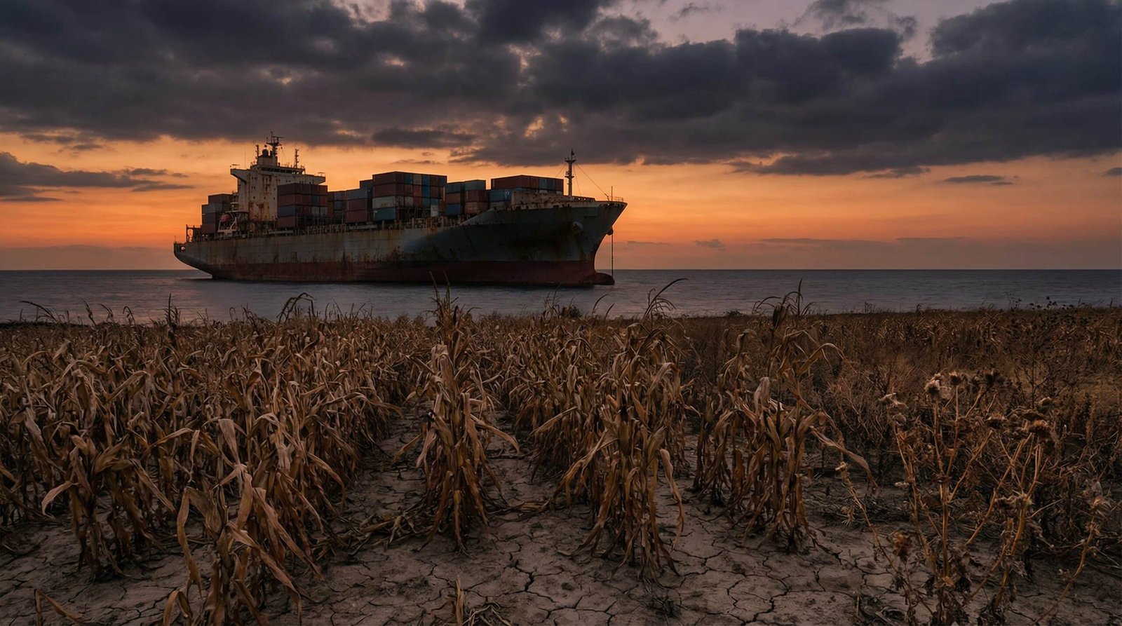 Stalled cargo ship and wilting crops illustrate Iran war fertilizer and food supply crisis 2026