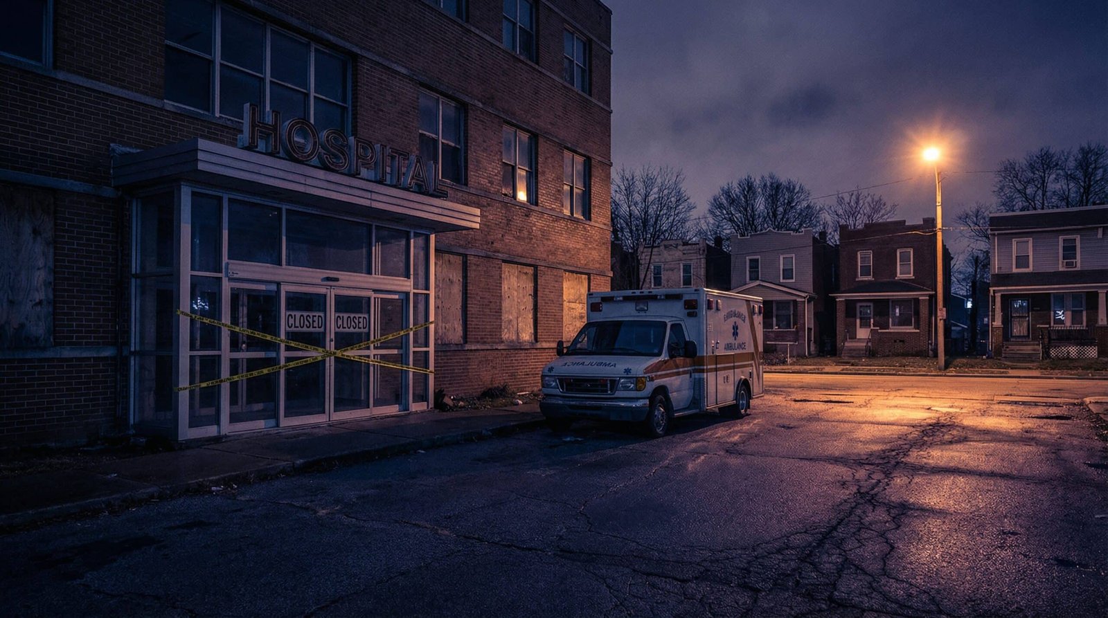 Abandoned hospital with caution tape at entrance — PE hospital closure leaves community without emergency care