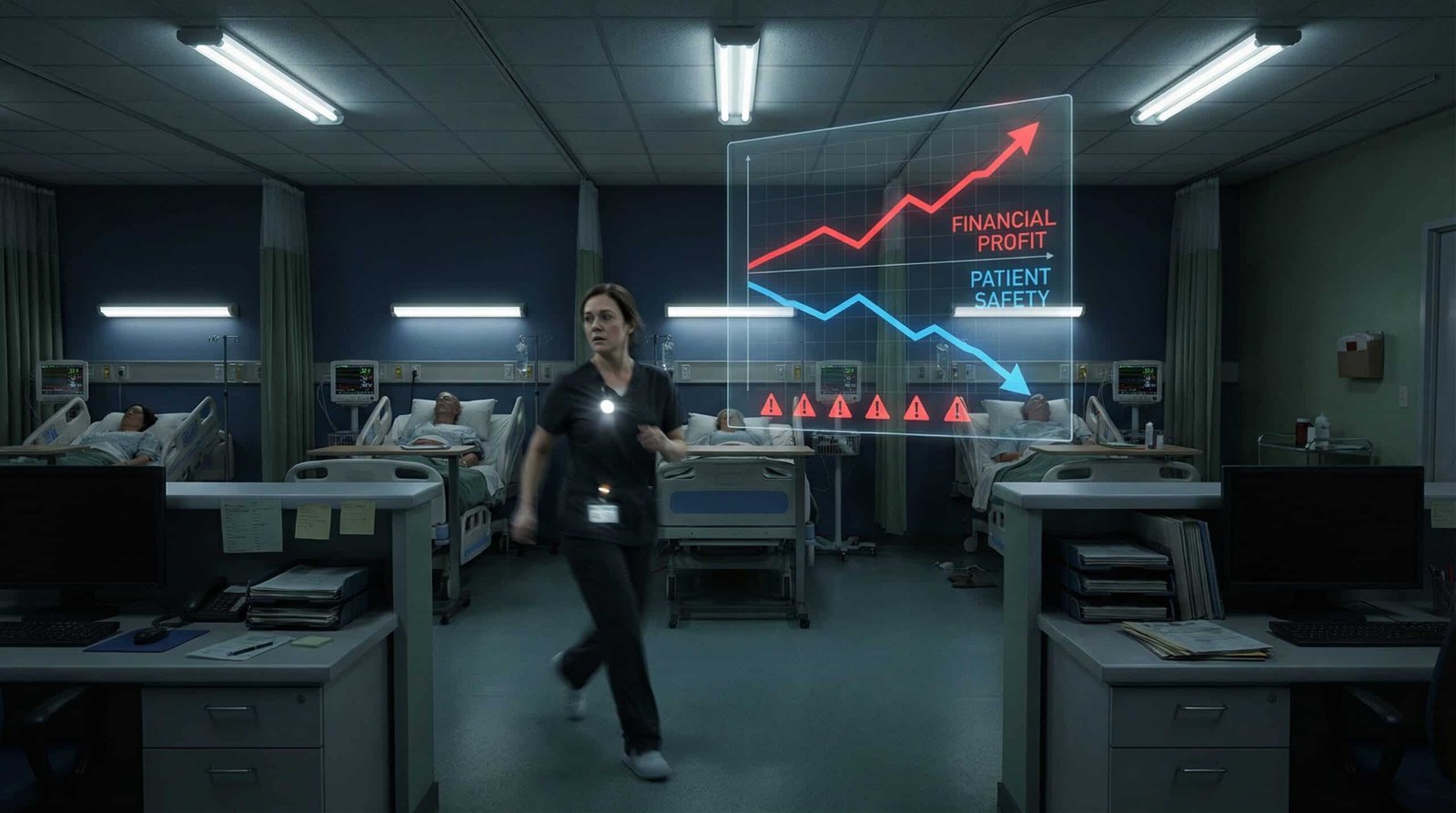 Overwhelmed nurse in understaffed hospital ward — JAMA study shows 25% increase in adverse events at PE hospitals