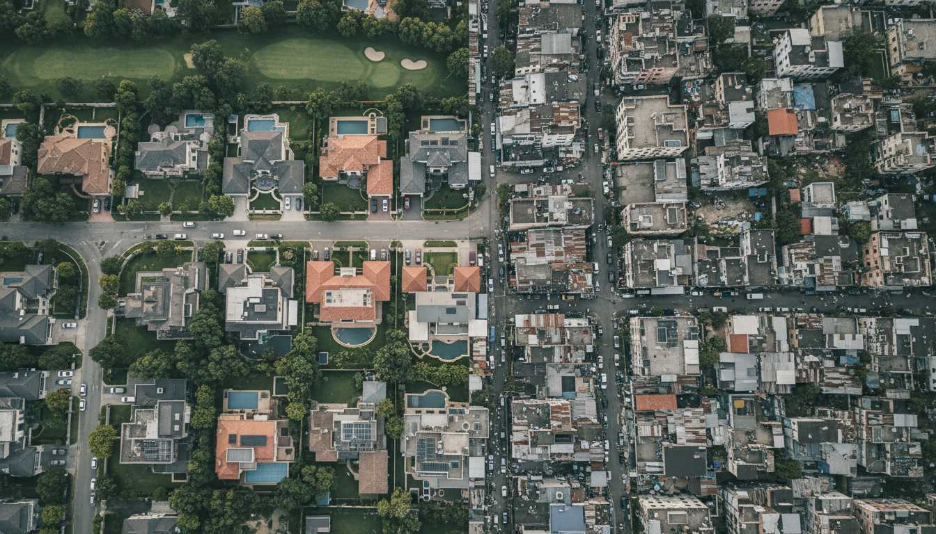 aerial view comparing wealthy suburb to overcrowded urban housing generational wealth gap