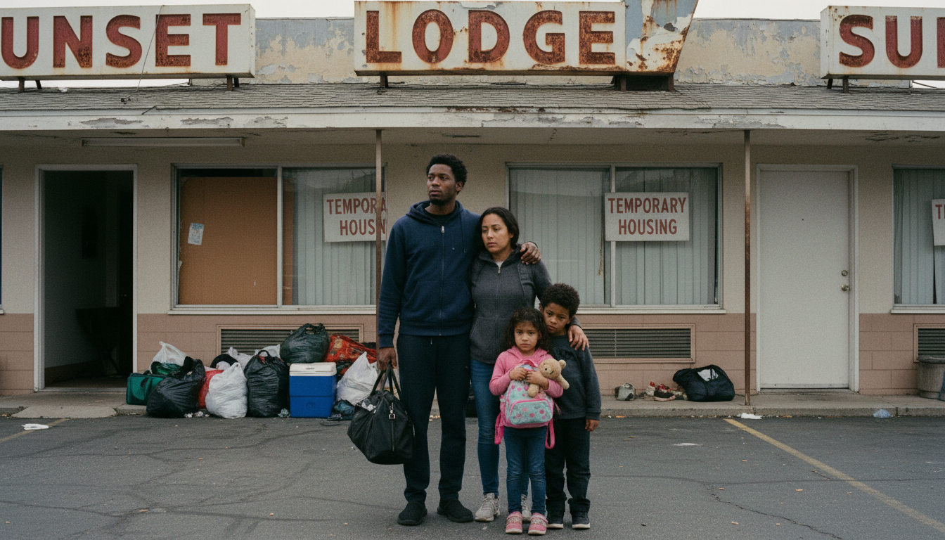 young family standing outside shelter unable to afford housing Section 8 crisis
