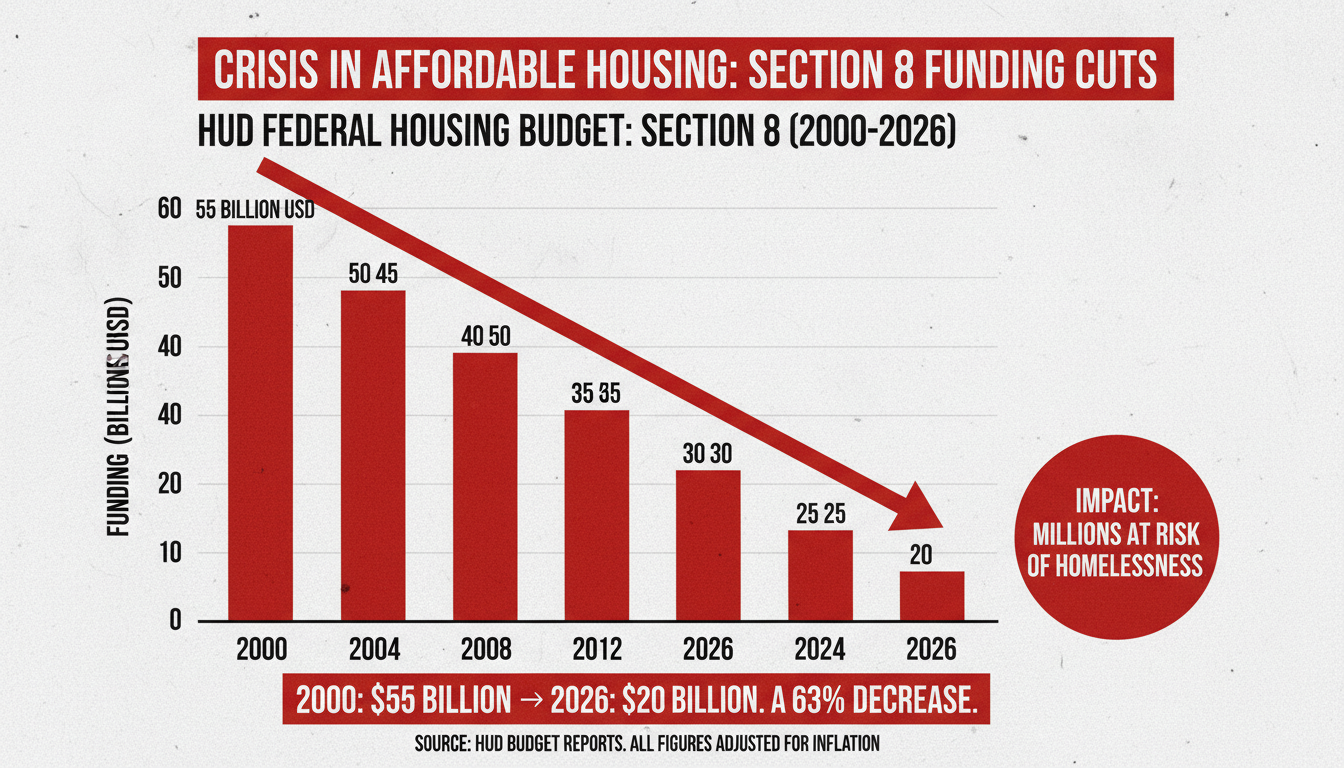 HUD Section 8 housing budget cuts 2000 to 2026 declining bar chart infographic