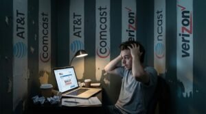 Young adult frustrated by high internet bill from ISP monopoly in America