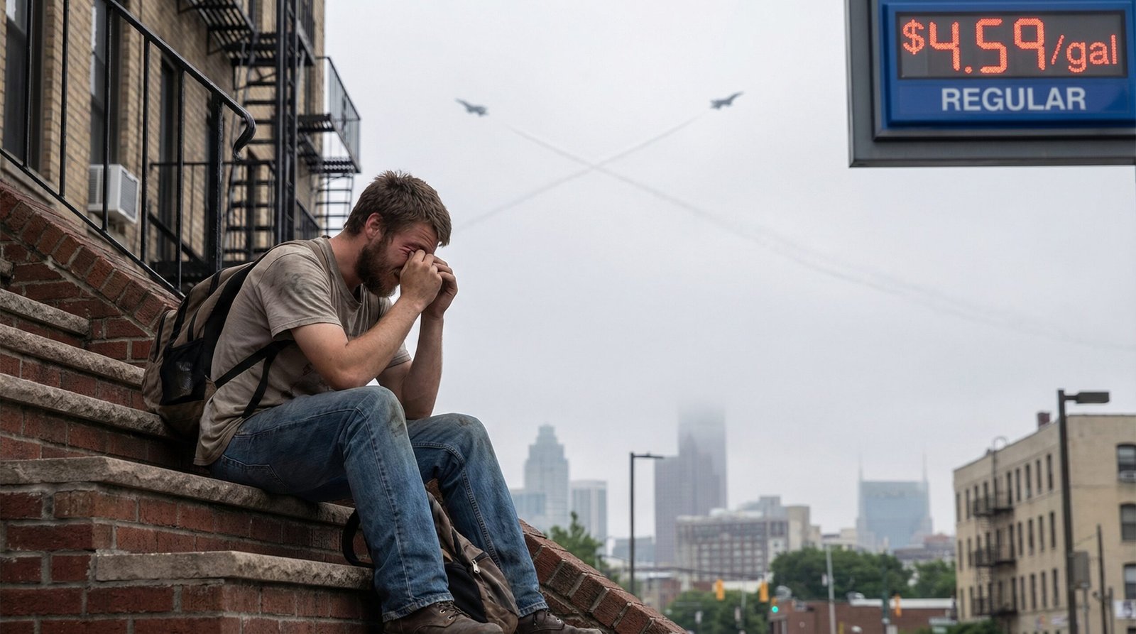 Young American millennial bearing economic burden of Iran war 2026 high gas prices military spending