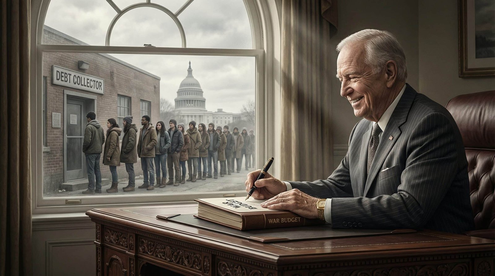 Senator signing war budget without congressional authorization while young Americans face debt