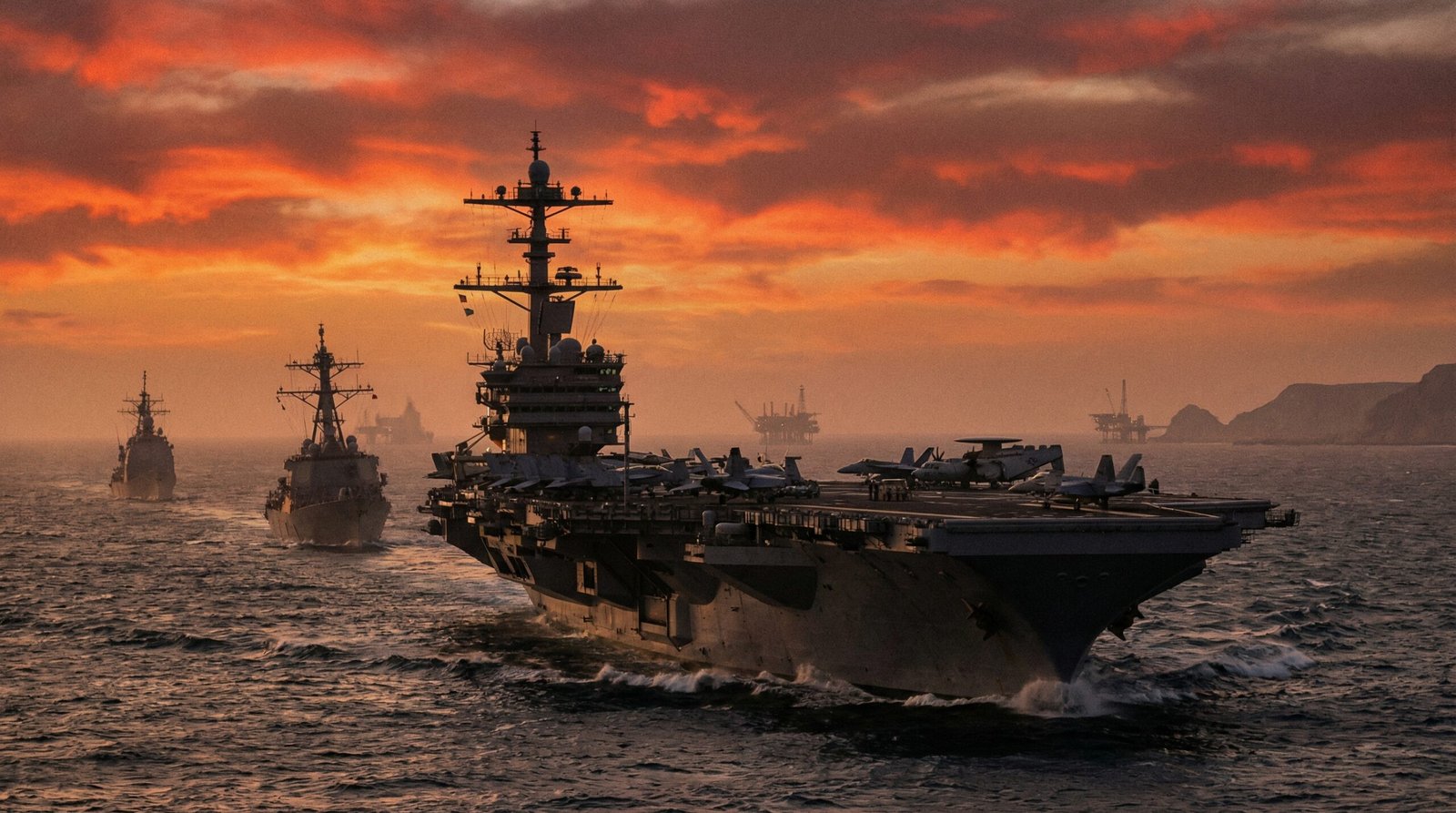 US aircraft carrier strike group steaming through Persian Gulf Iran war military deployment cost