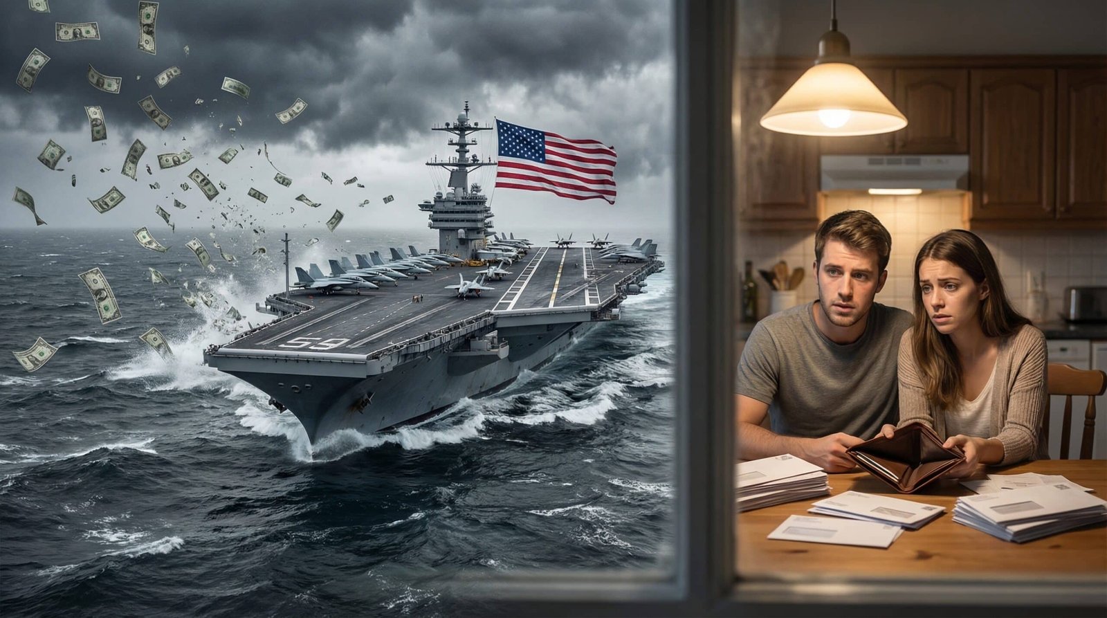 US carrier at sea with dollar bills raining down as young Americans struggle with bills at home