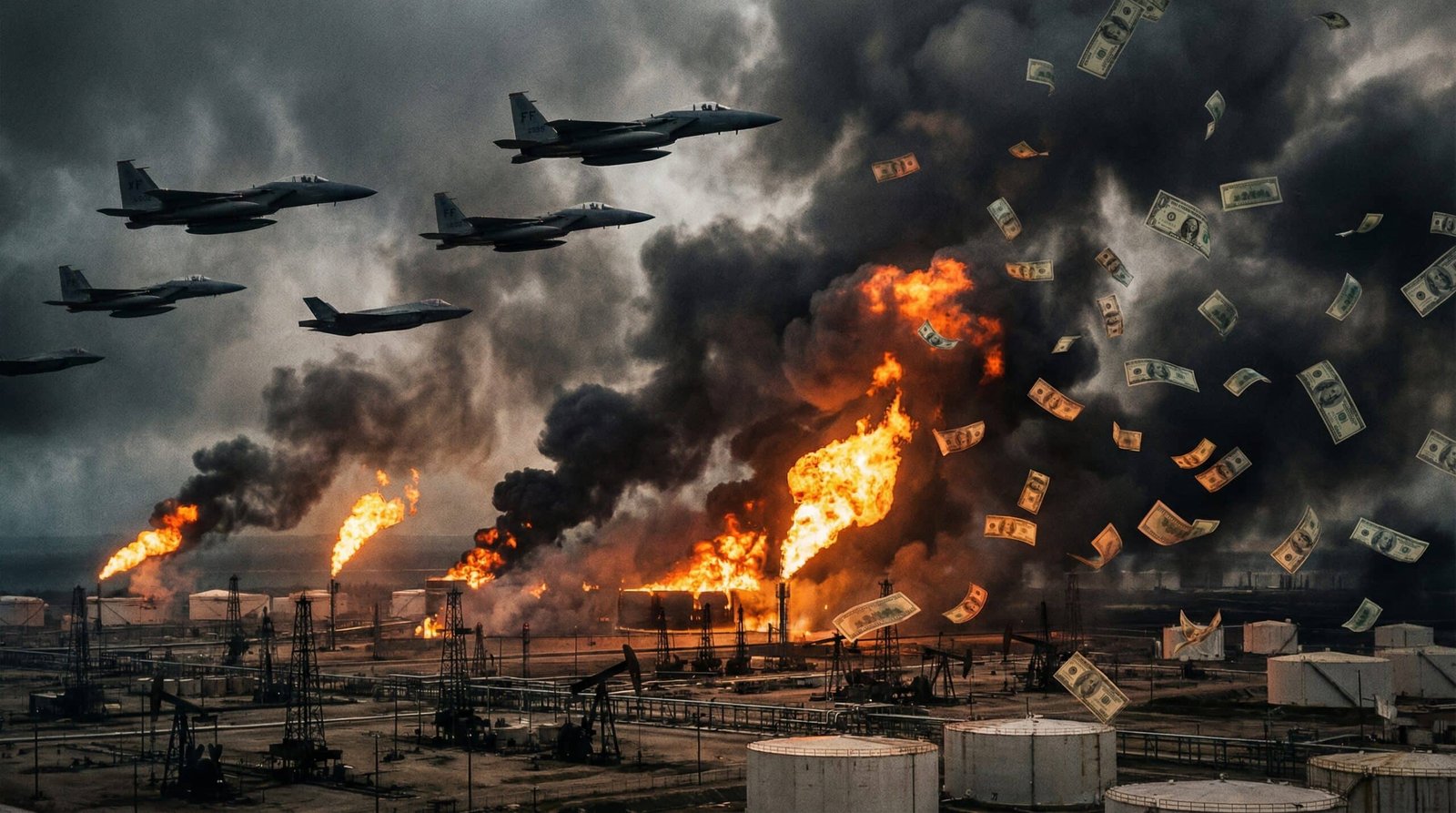 US fighter jets flying over burning oil infrastructure, dollar bills raining from the sky — Operation Epic Fury cost to taxpayers