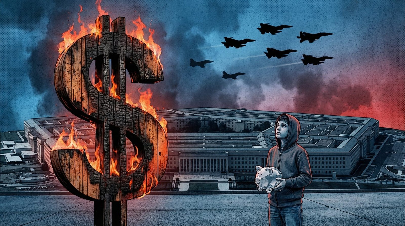 Pentagon building with burning dollar sign as Iran war daily cost mounts for American taxpayers