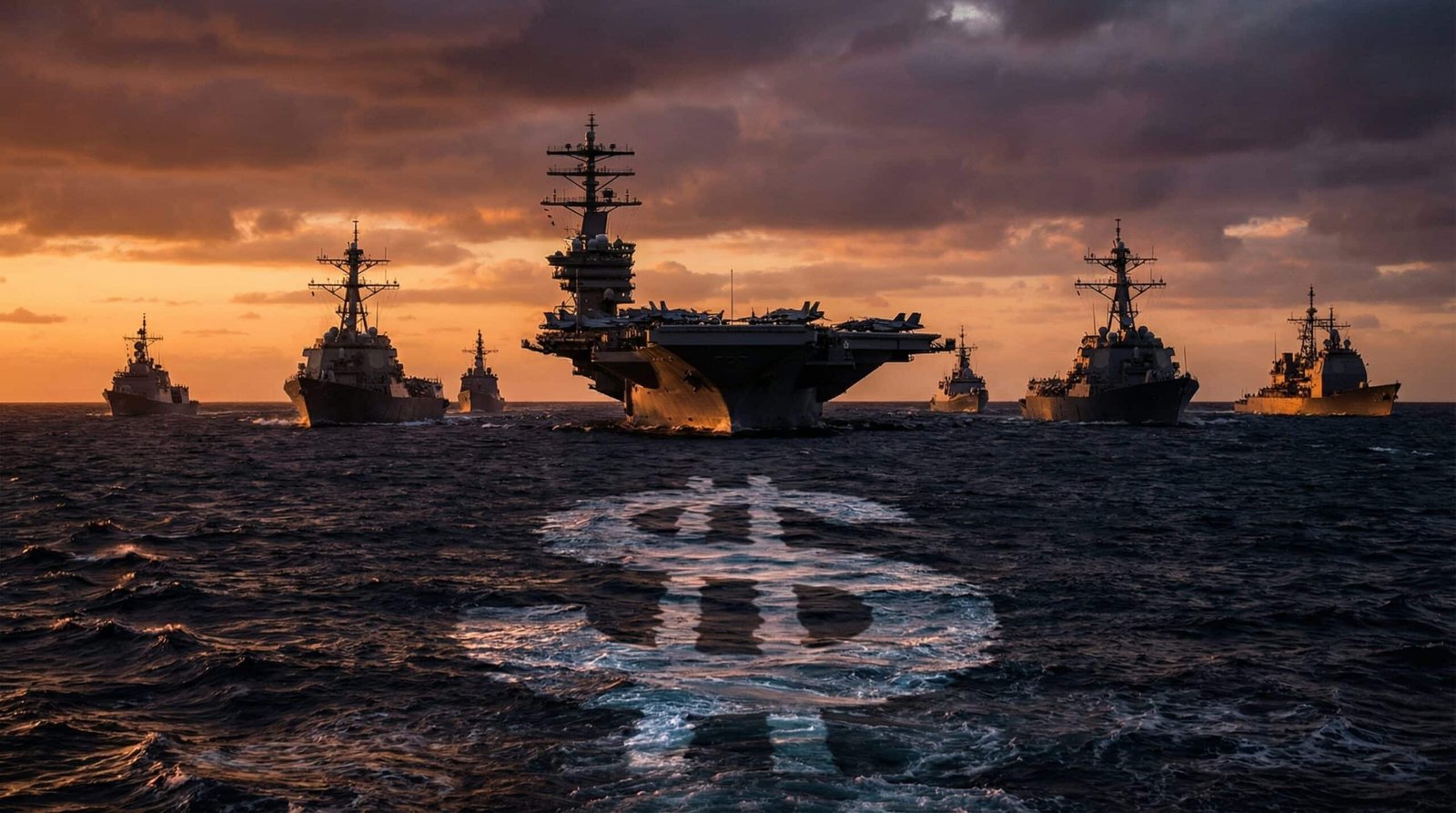 US Navy aircraft carrier strike group in Persian Gulf at dusk, Iran war cost daily military spending