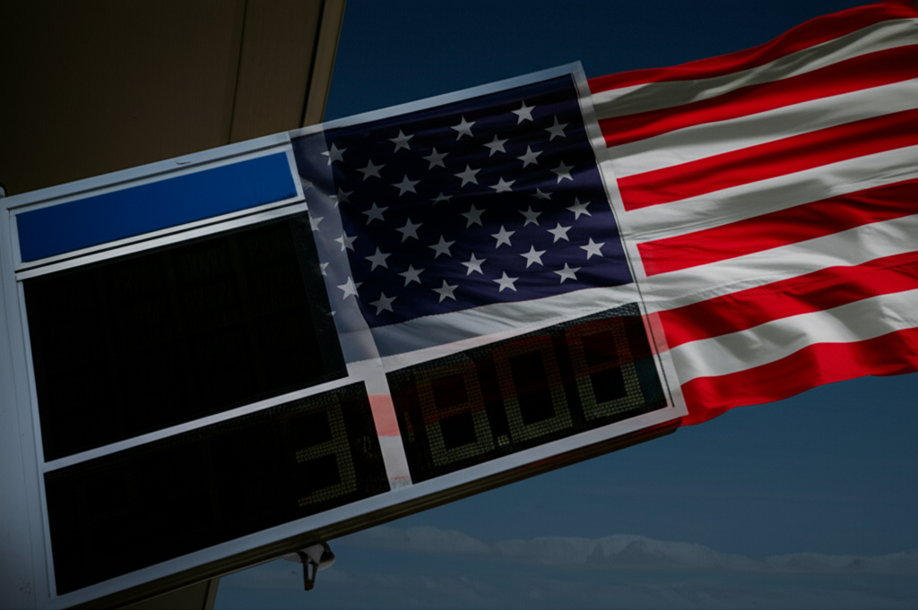 gas station price sign Iran war oil spike American flag
