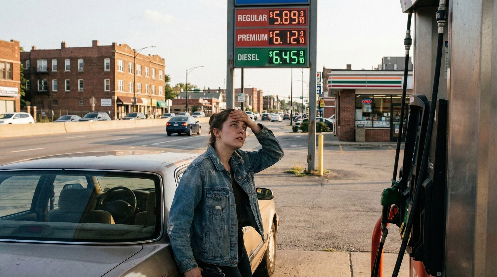 Gas station price board showing $5.89 per gallon Iran war fuel price spike