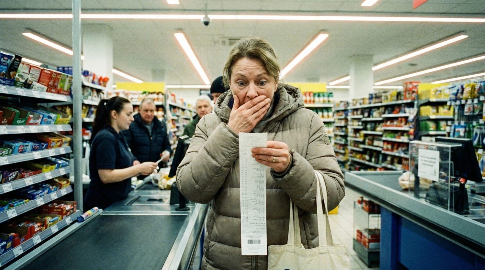 Young woman shocked by rising grocery prices at supermarket checkout Iran war inflation 2026