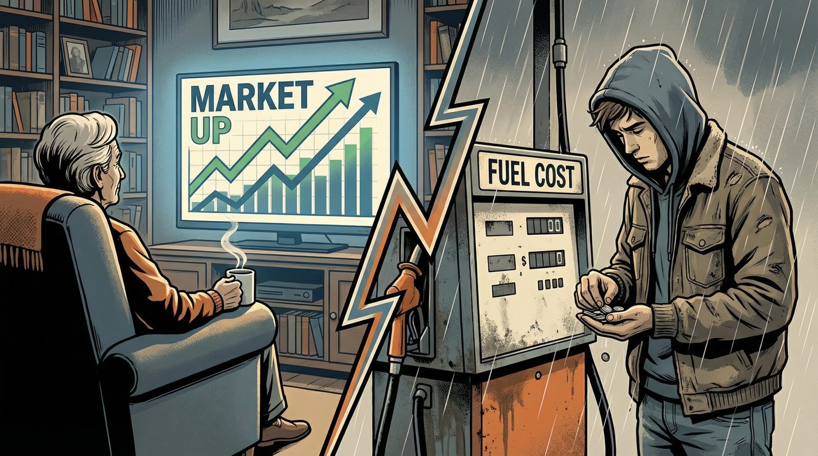 Generational wealth gap illustration contrasting older homeowner with young worker at gas pump