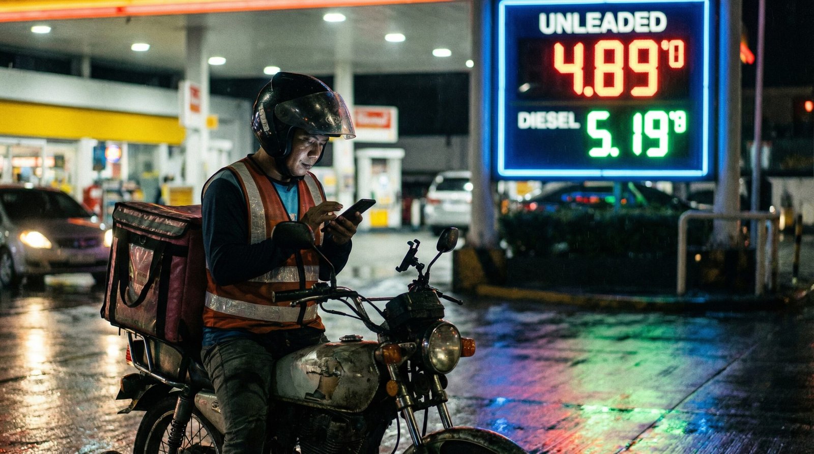 Gig economy delivery driver at gas station as Iran war drives fuel prices higher 2026