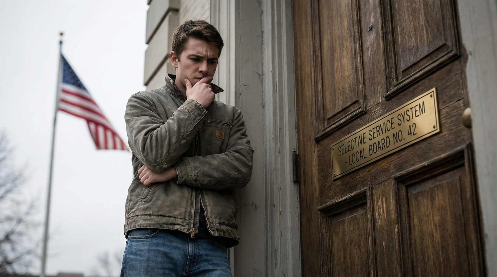 Young Gen Z man outside Selective Service office, potential military draft age demographics Iran war