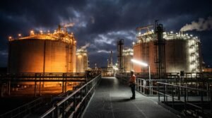 Massive LNG terminal at night showing Iran war natural gas crisis scale