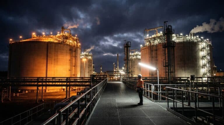 Massive LNG terminal at night showing Iran war natural gas crisis scale