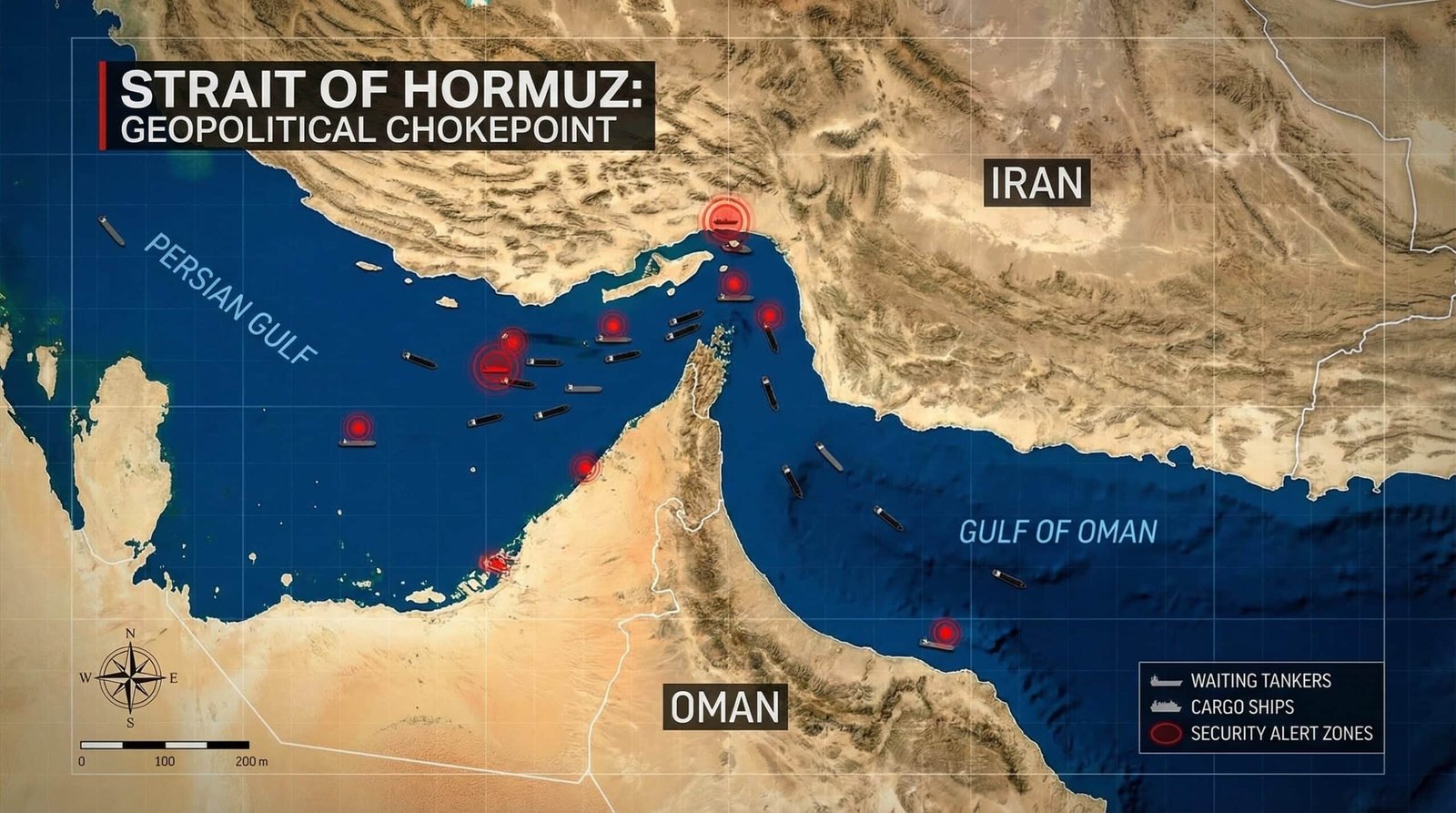 Aerial view of Strait of Hormuz with tankers blocked during Iran war 2026
