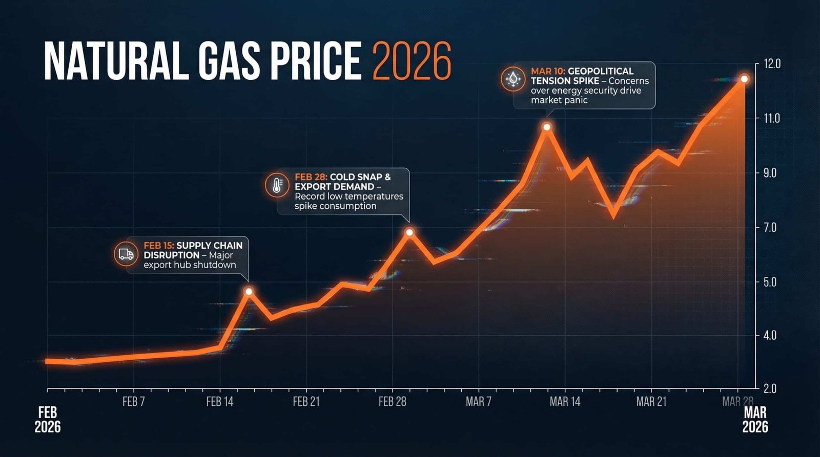 Natural gas price chart showing dramatic spike during Iran war March 2026