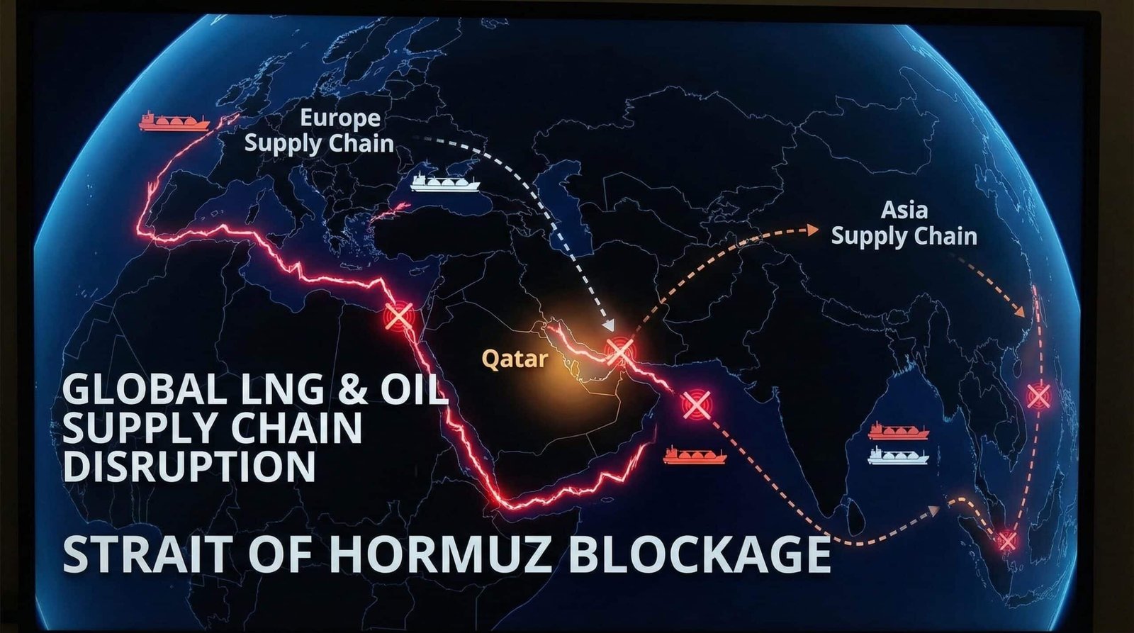 Global LNG supply chain map showing disruption from Strait of Hormuz closure