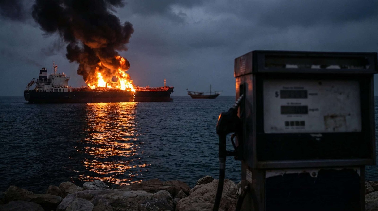 Oil tanker on fire in Persian Gulf showing Iran war oil price impact on American consumers