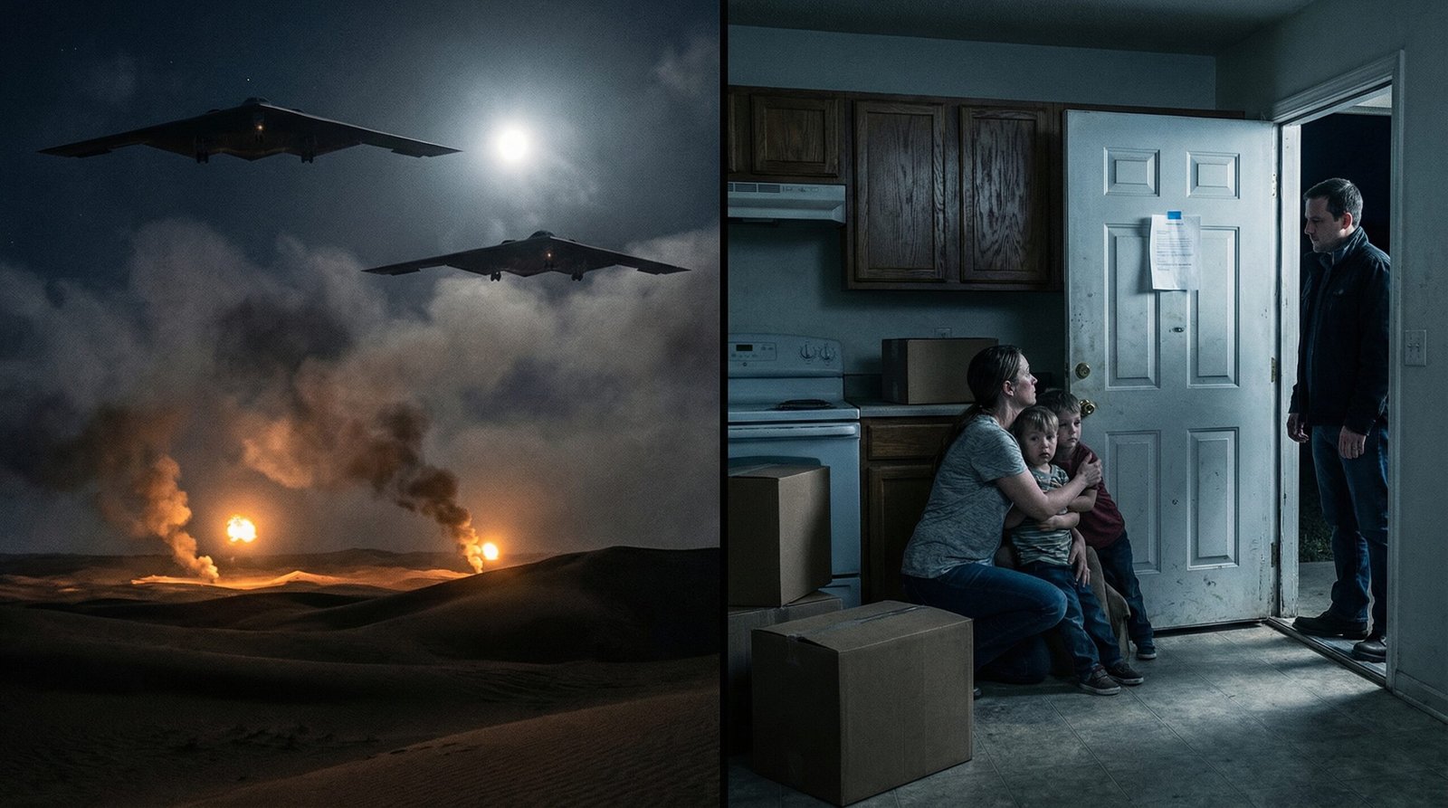 B-2 stealth bombers over Iran contrasted with American family eviction — Operation Epic Fury cost breakdown