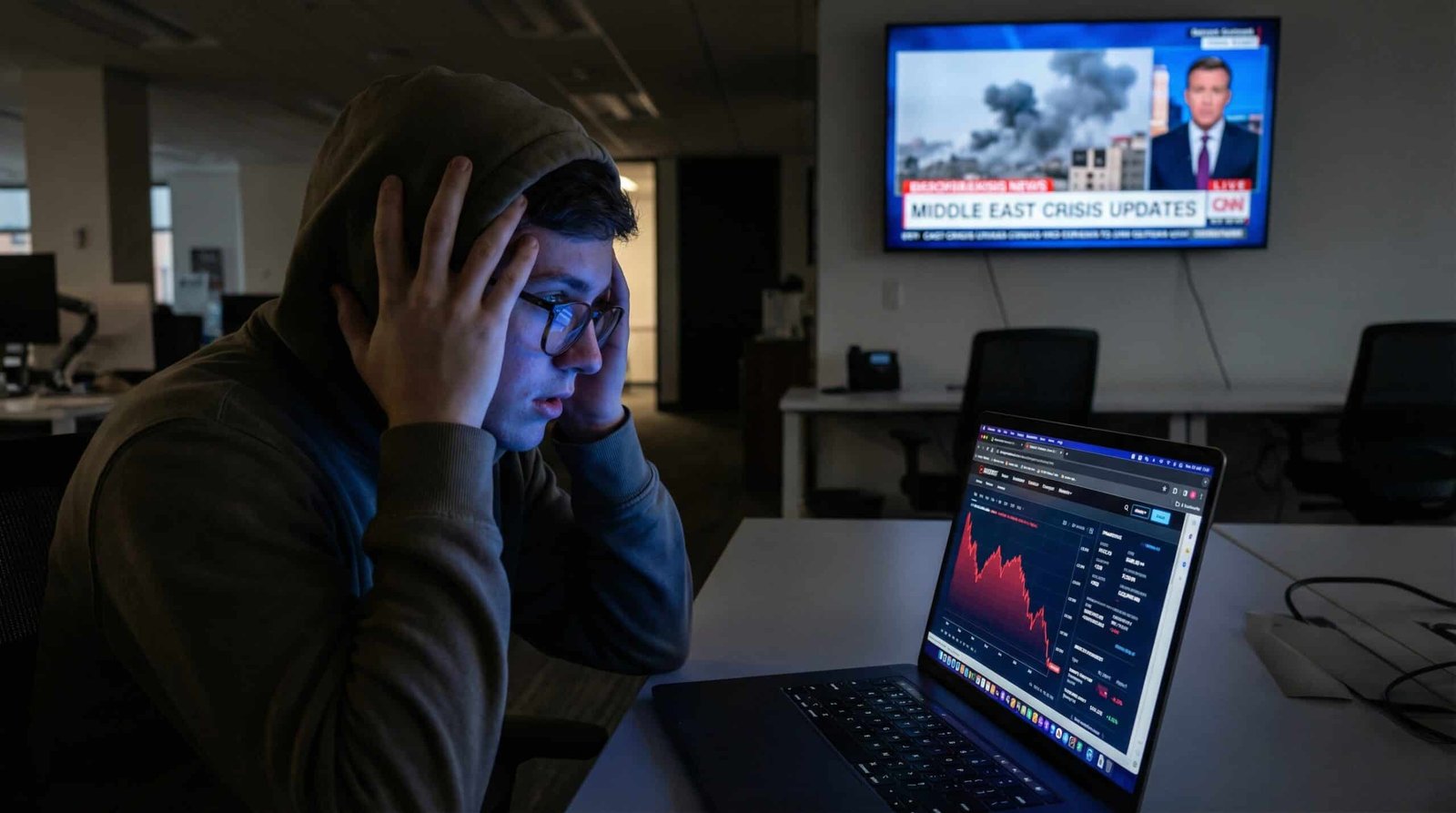 Millennial worker anxiously checking declining stock chart on laptop amid Iran war market crash