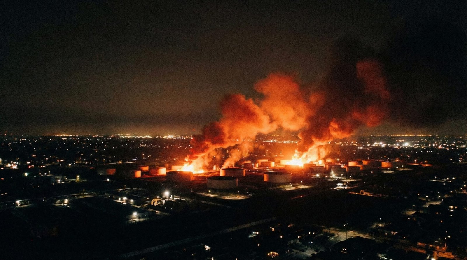 Burning Tehran oil depot fires after US-Israeli airstrikes night Iran war day 9 2026