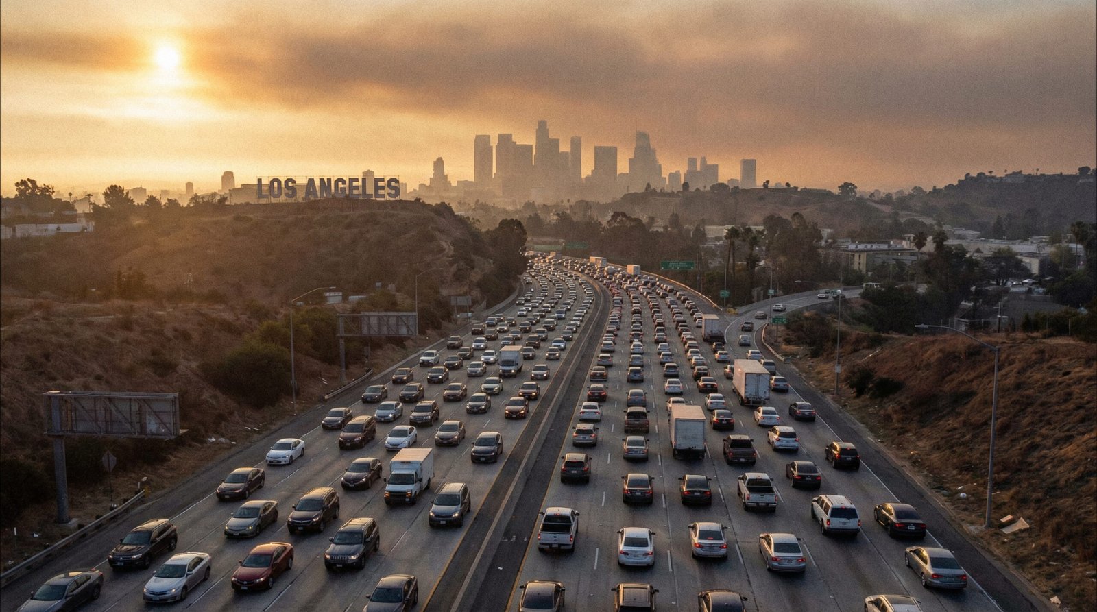 Los Angeles freeway bumper to bumper traffic showing SoCal commuter dependence on gas