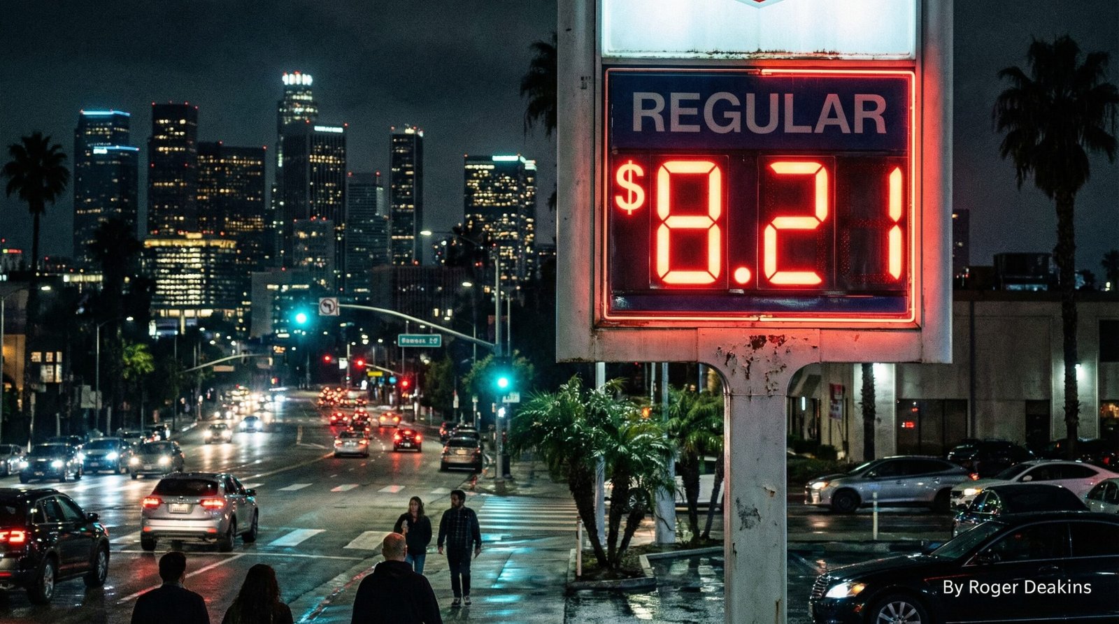LA gas station sign showing $8.21 per gallon amid Iran war price spike 2026