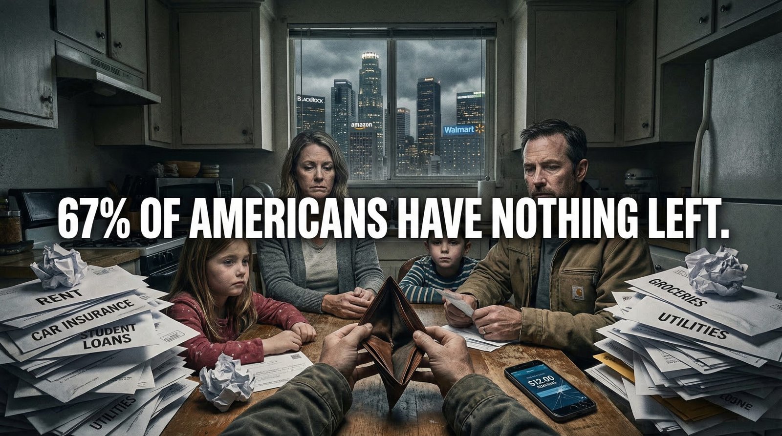 living paycheck to paycheck America 67 percent of Americans nothing left after bills family kitchen table empty wallet