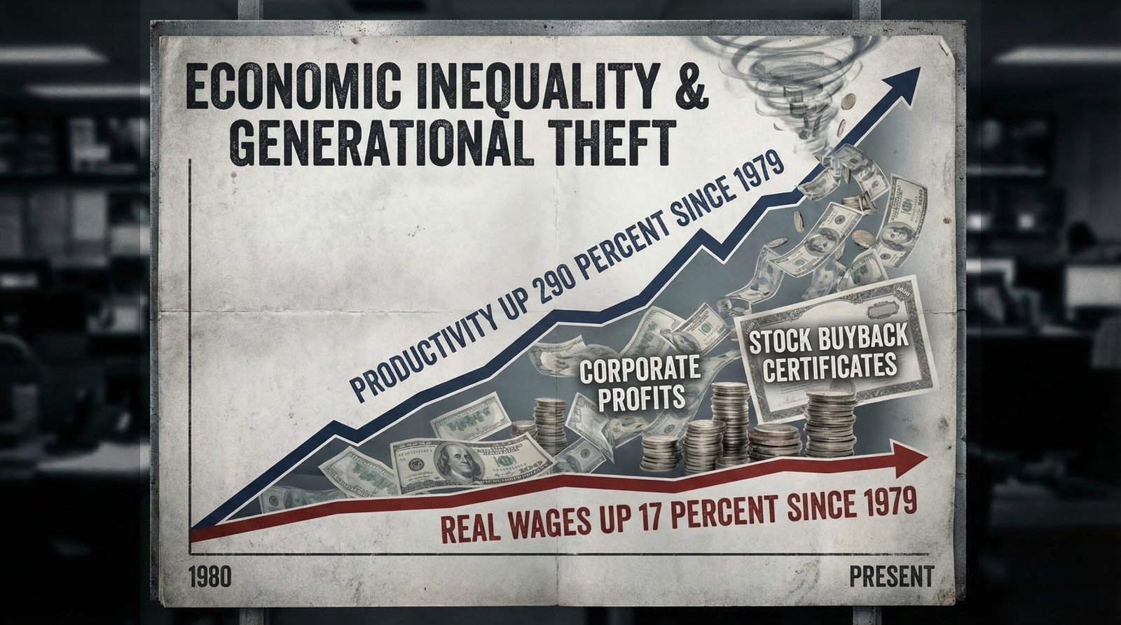 productivity wages divergence chart since 1979 productivity up 290 percent real wages up 17 percent corporate profits