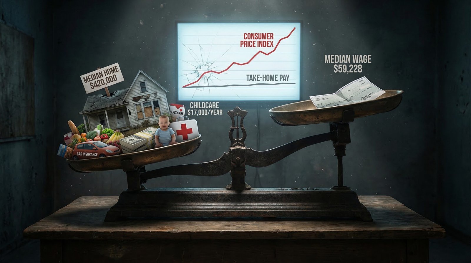 cost of basic American life vs median wages scale collapsed housing groceries childcare healthcare consumer price index