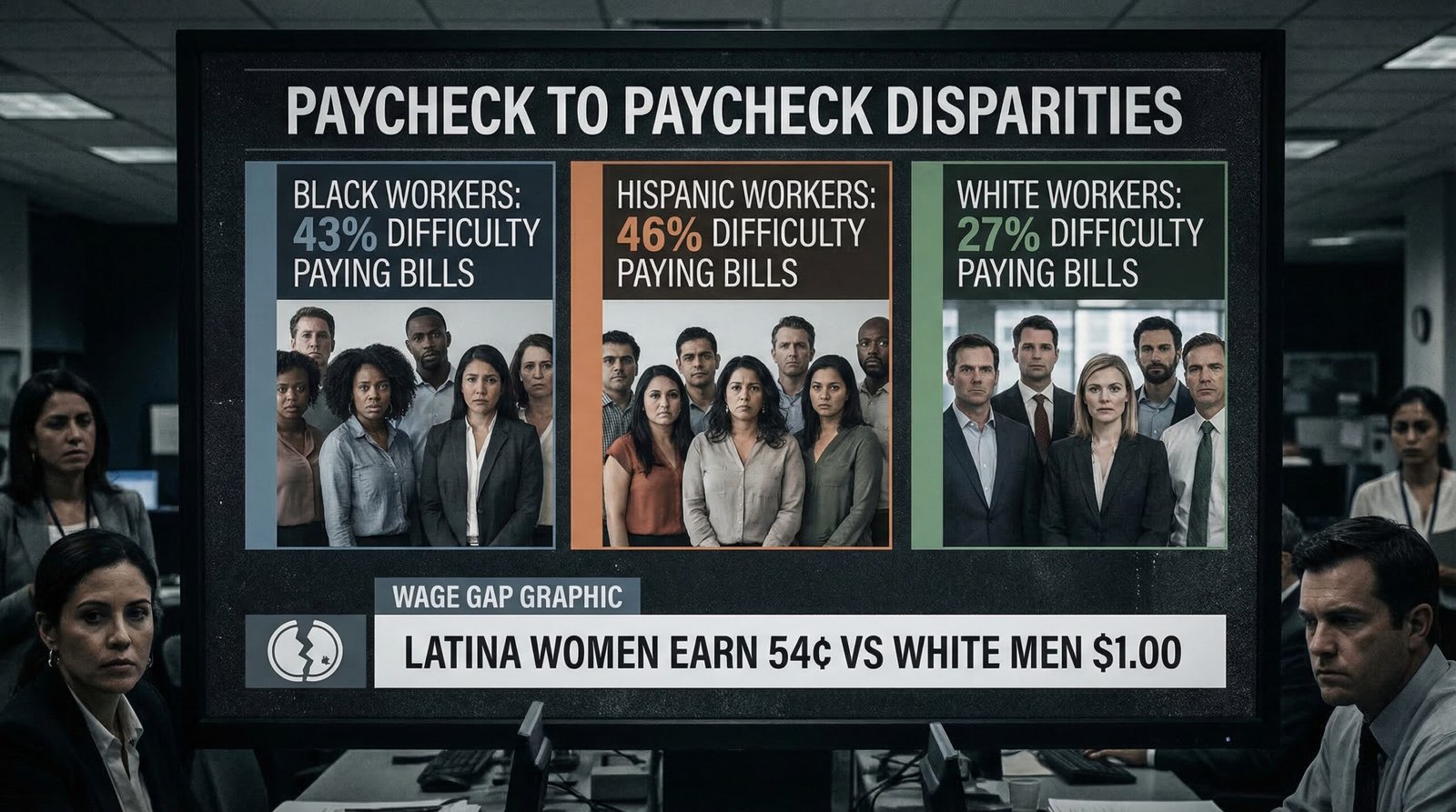 racial disparities paycheck to paycheck Black Hispanic workers 43 46 percent difficulty paying bills wage gap Latina women