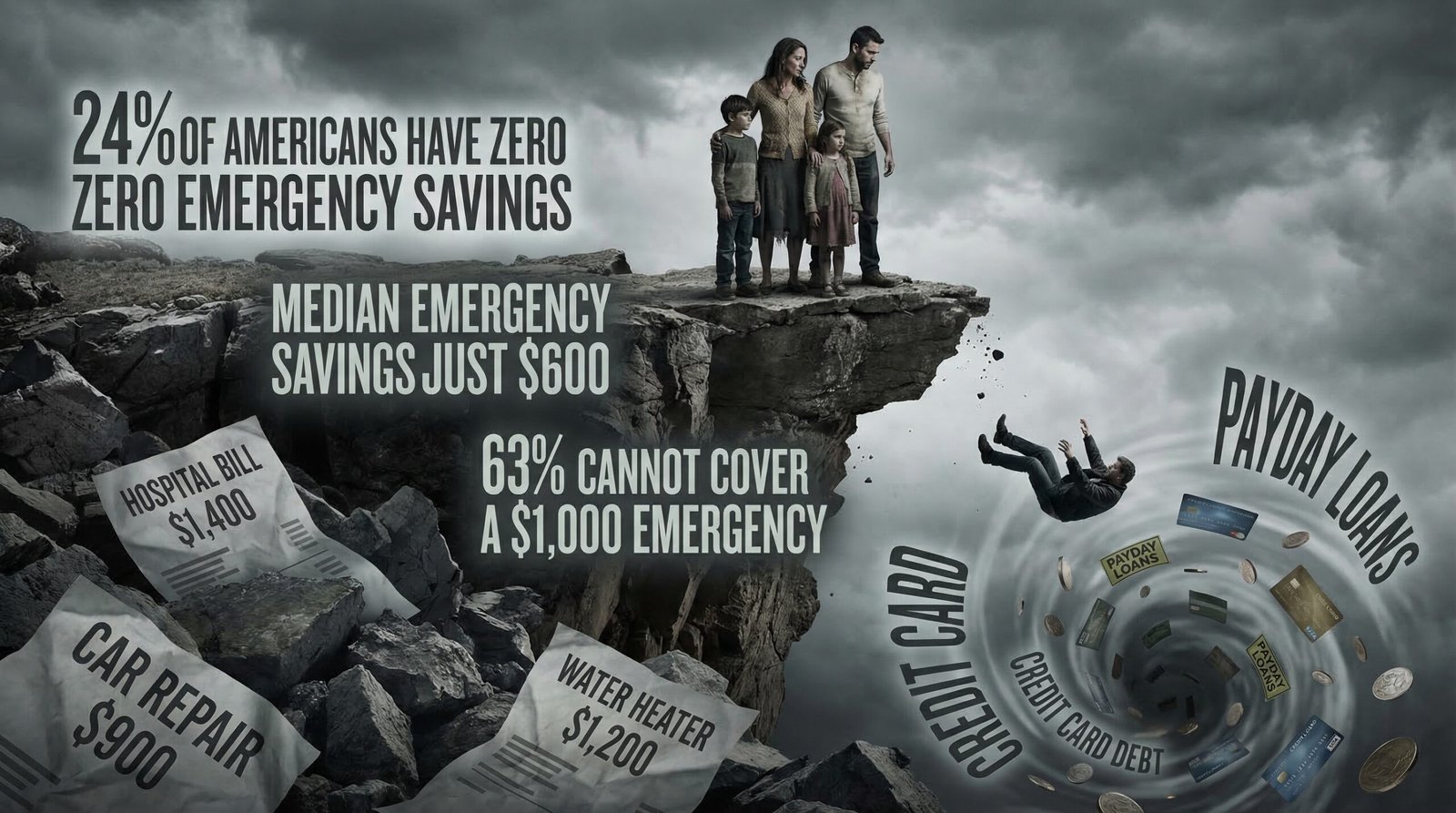 emergency savings crisis America 24 percent zero savings median $600 emergency expense cliff payday loan spiral