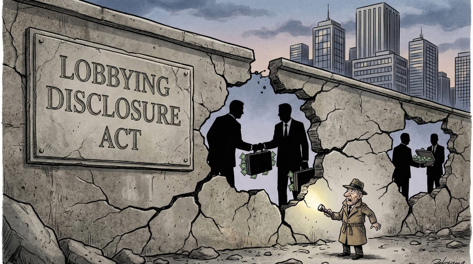 Crumbling Lobbying Disclosure Act wall with lobbyists passing money through its cracks