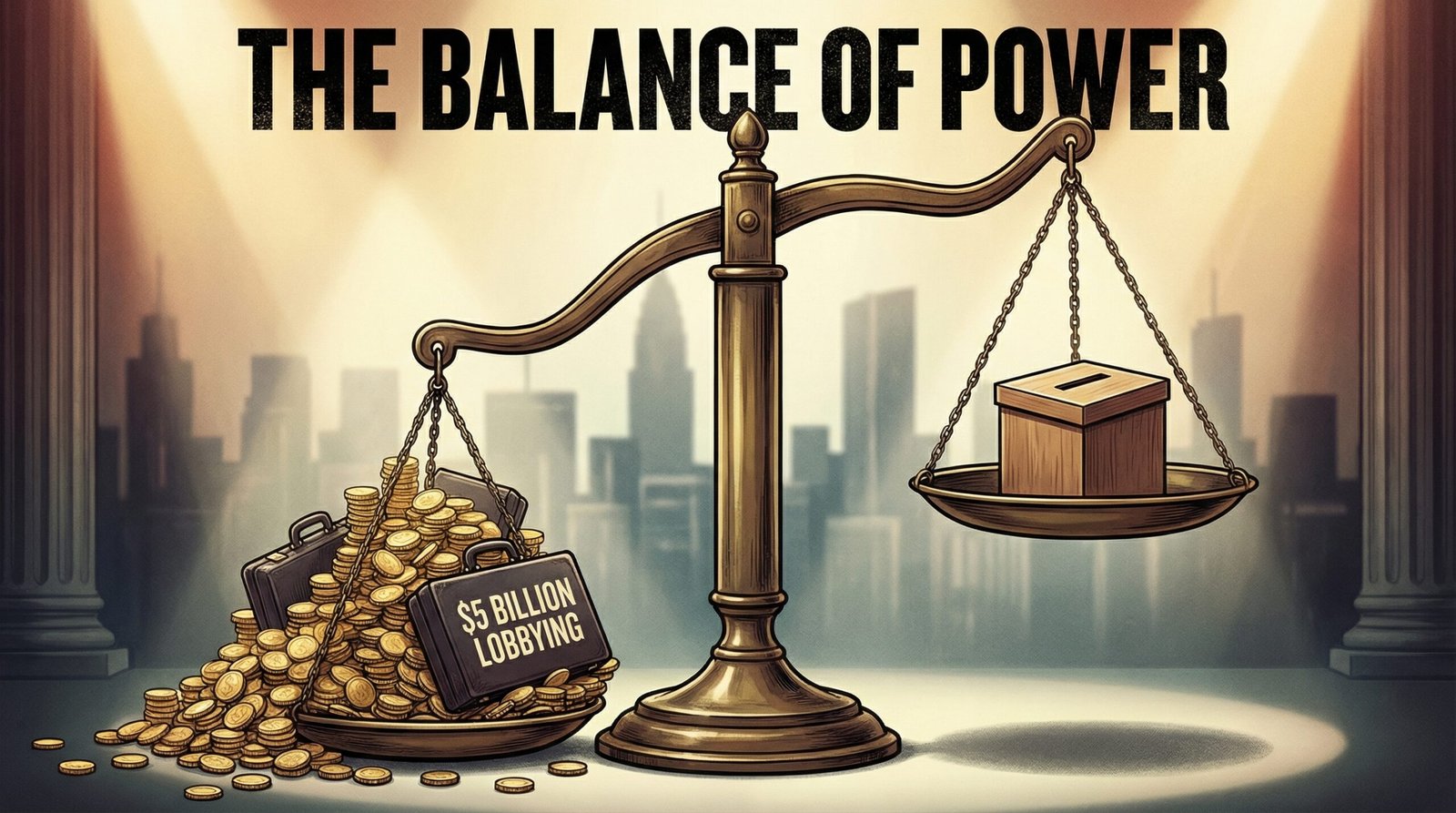 Scales of justice tipped by 5 billion dollars in lobbying spending versus a ballot box