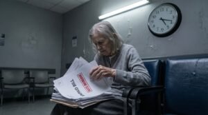 Elderly woman holds unpaid long-term care insurance bills stamped rate increase