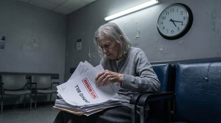 Elderly woman holds unpaid long-term care insurance bills stamped rate increase