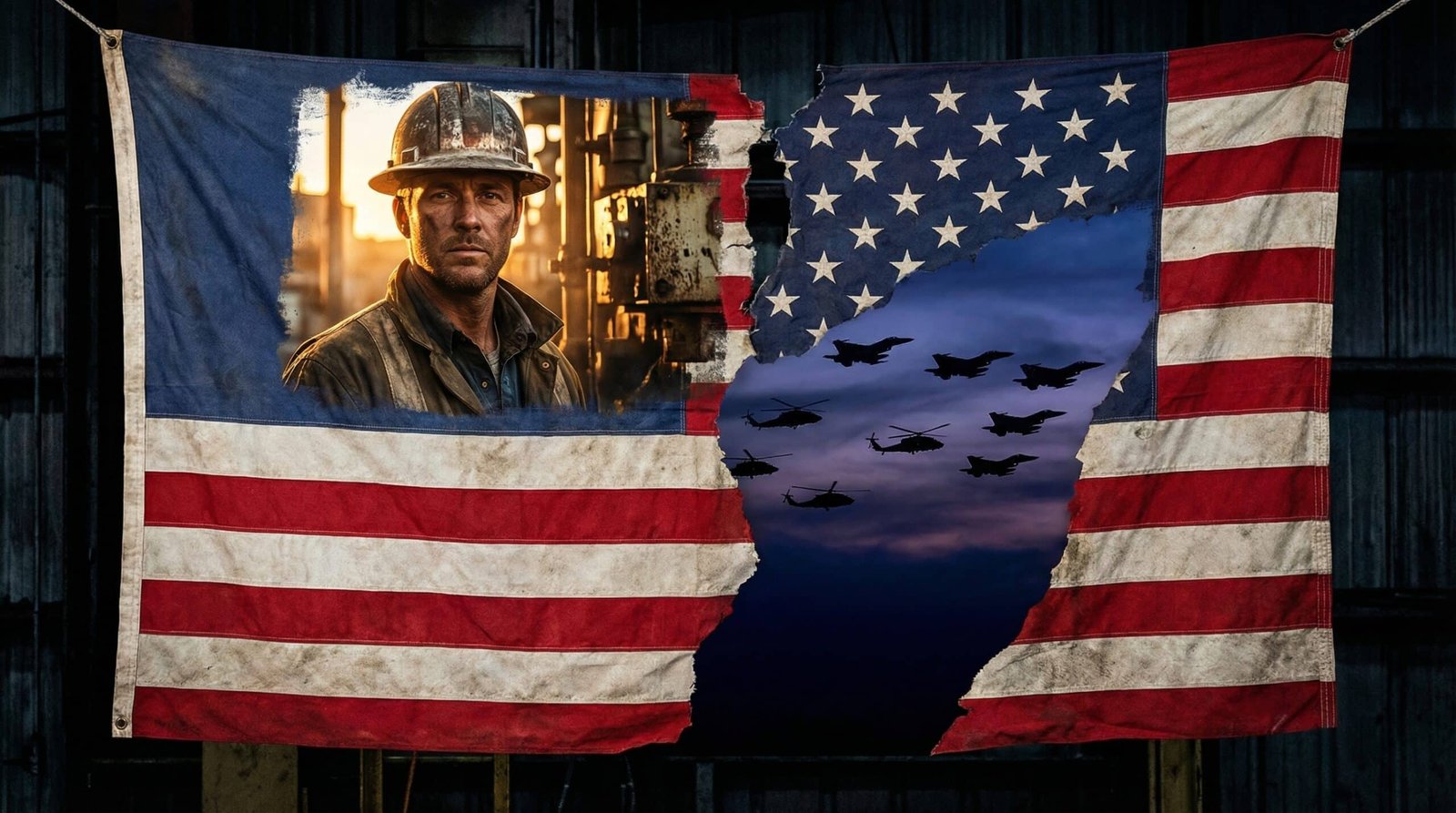 American flag torn in half representing MAGA Iran war betrayal between America First and military action