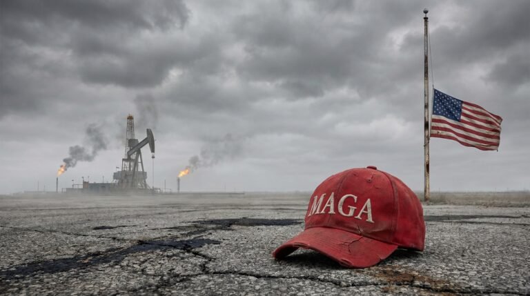 Cracked MAGA hat on concrete with burning oil derrick and flag at half-staff — MAGA Iran war betrayal