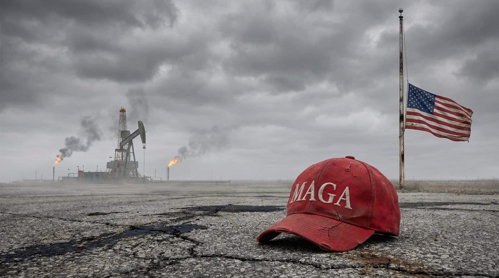 Cracked MAGA hat on concrete with burning oil derrick and flag at half-staff — MAGA Iran war betrayal