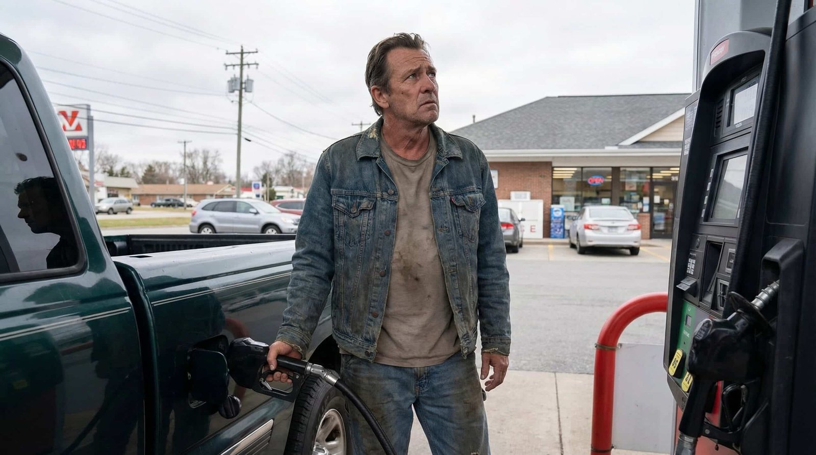 Working-class man filling up pickup truck at gas station worried about MAGA Iran war gas price spike