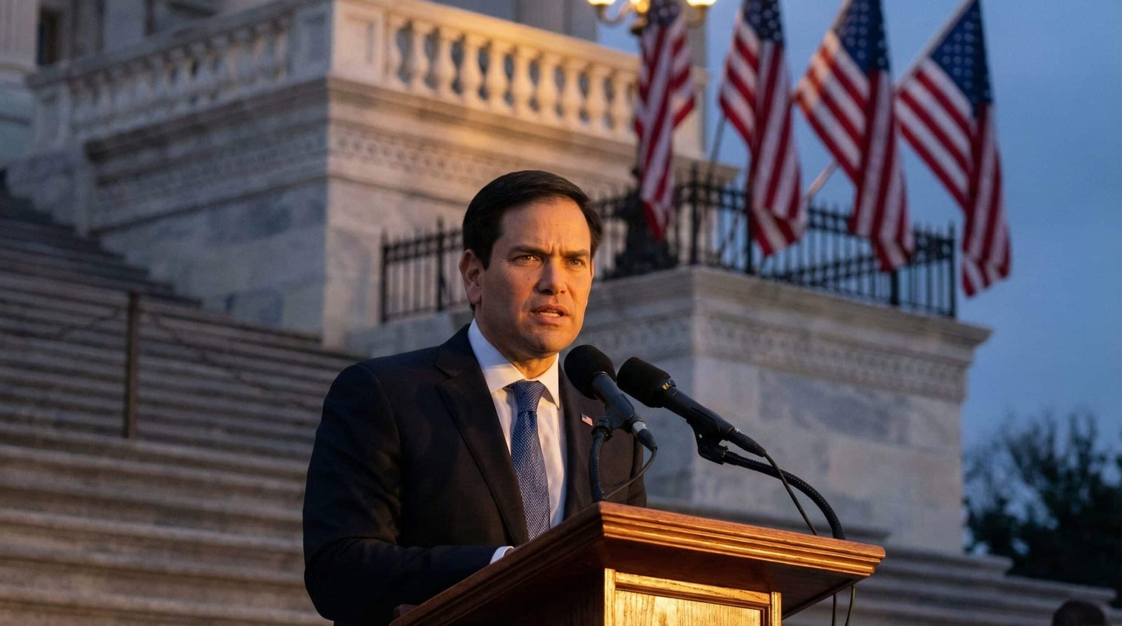 Marco Rubio speaking at Capitol Hill podium after accidentally admitting Israel forced America into Iran war