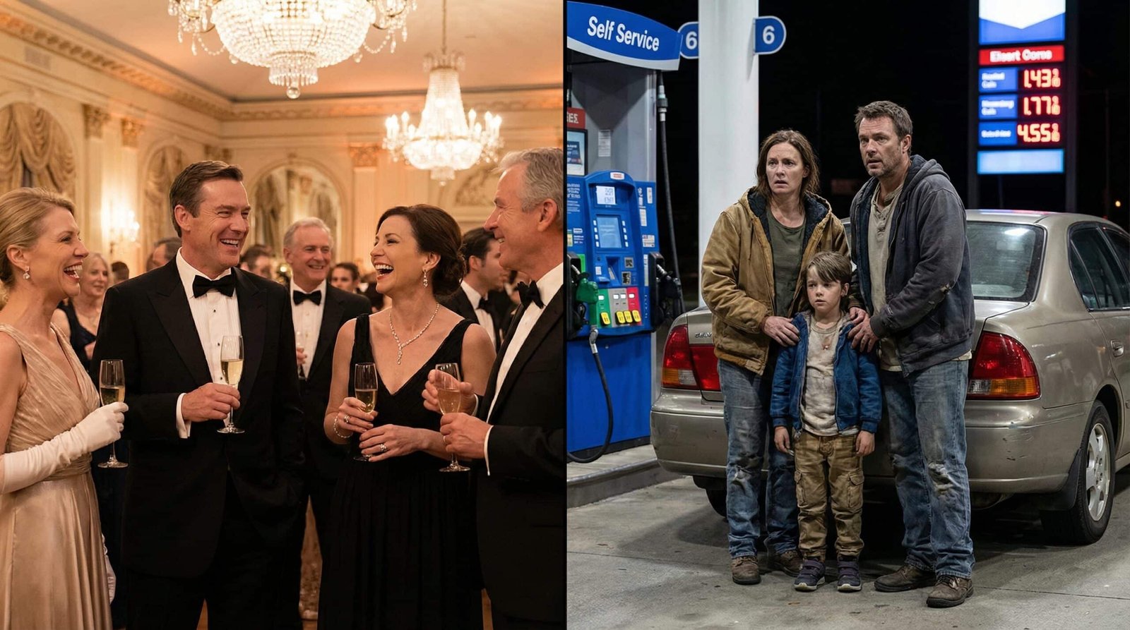 Contrast between wealthy gala attendees and working-class family at gas station paying for Iran war costs