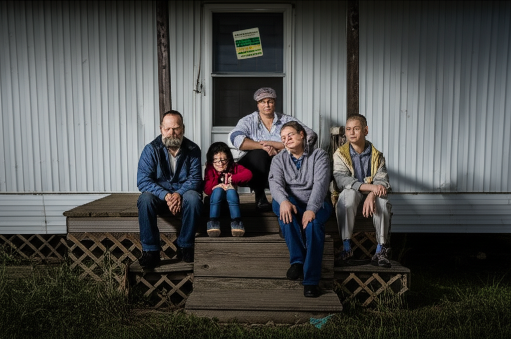 Low income American family facing eviction from manufactured home park predatory lending consequences